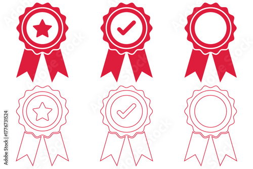 Badge with ribbon icon collection. Ribbon, Badges with star, Tick mark symbol. Vector Illustration. verified, checkmark award badges collection. Certified Badge Icons for Professional, Associate, Spec