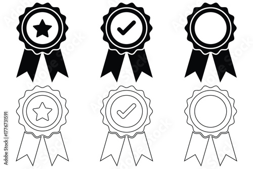 Badge with ribbon icon collection. Ribbon, Badges with star, Tick mark symbol. Vector Illustration. verified, checkmark award badges collection. Certified Badge Icons for Professional, Associate, Spec
