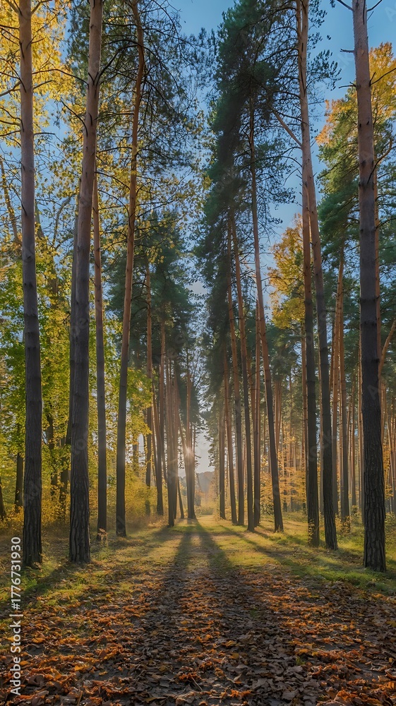 Fototapeta premium Sunlit Forest Path Lined with Tall Pine Trees image photo