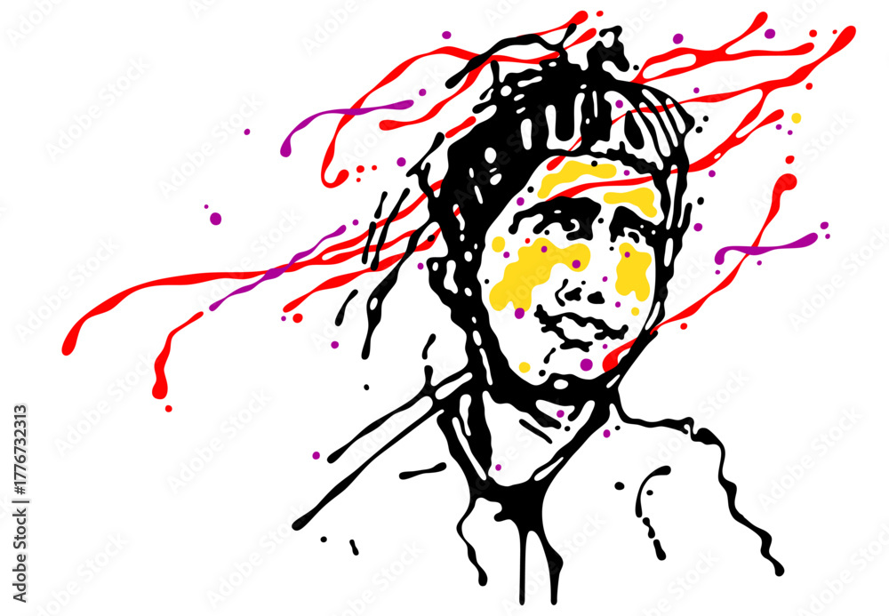 Fototapeta premium Abstract Energetic Portrait in Expressive Hand-Drawn Style. Vector Illustration with Neon Palette for Music and Fashion.