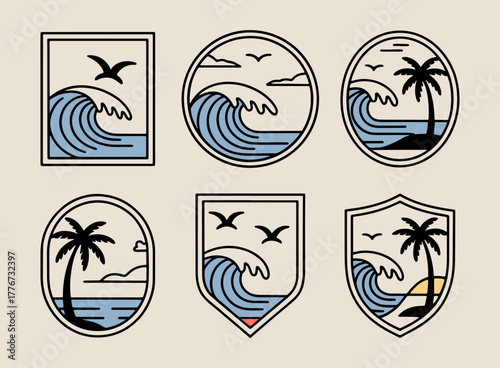 set of ocean or sea simple vector illustration template icon graphic design. bundle collection of various adventure and outdoors landscape view for travel business with badge