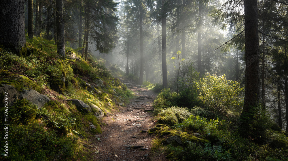 Fototapeta premium Beautiful winding forest path through misty trees at dawn