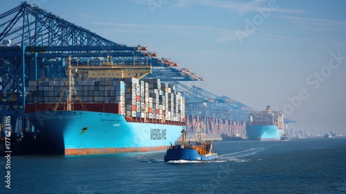 Container ships rest at the busy port as a small tugboat navigates the calm water.