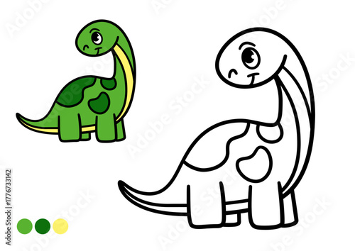 Cute cartoon dinosaur childrens coloring book page. Simple and easy brontosaurus outline illustration.