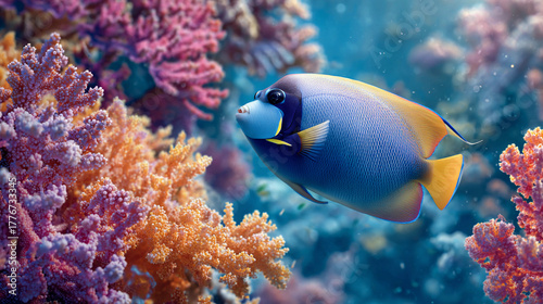 Fototapeta Naklejka Na Ścianę i Meble -  Colorful fish swimming among vibrant coral reef in clear ocean waters