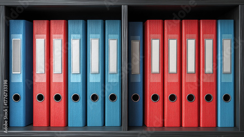 Colorful folders organized neatly on a black shelf in an office