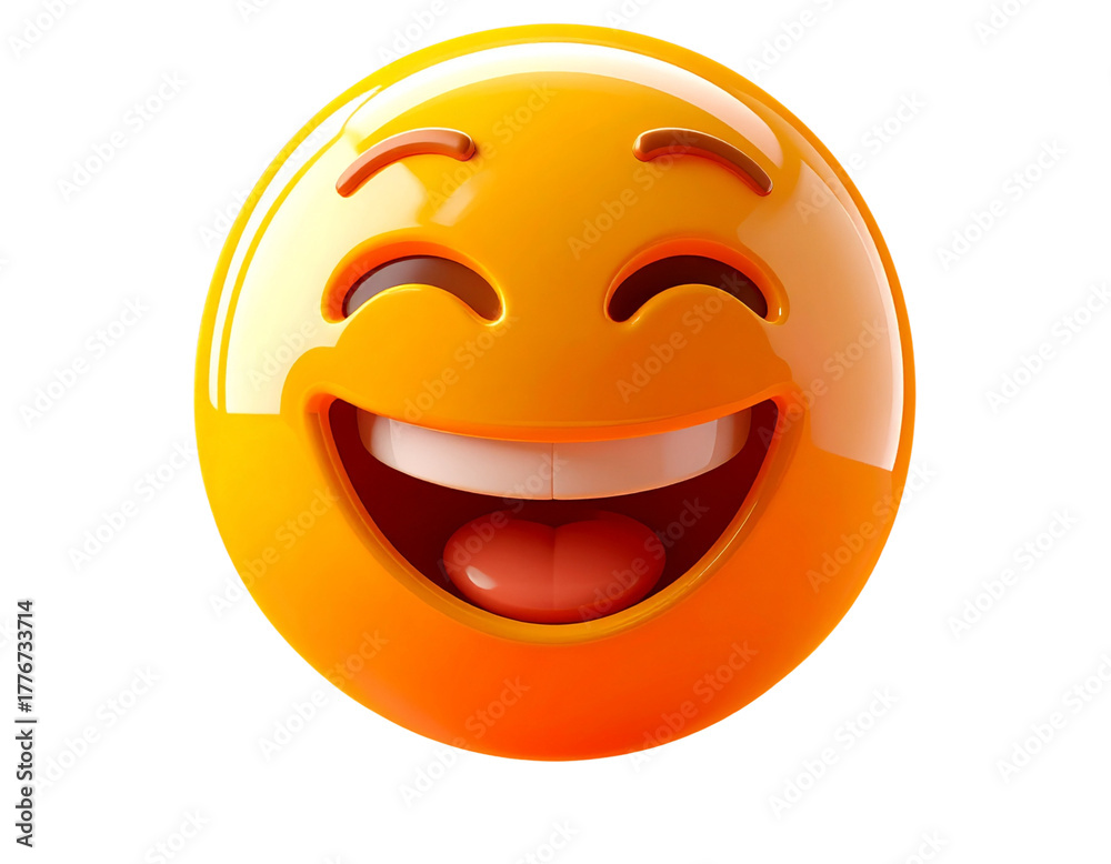 Fototapeta premium Glossy 3D Laughing Emoji Icon, Front View, Floating on Orange Gradient, Isolated on T