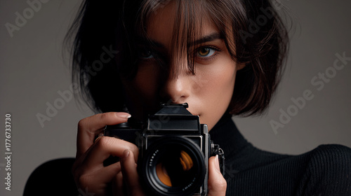 Young woman posing with camera in studio setting