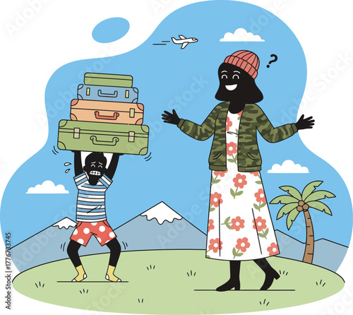 Woman With Luggage Stack Looking Questioningly at Man Struggling to Carry Suitcases travel