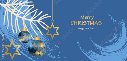 Vector Merry Christmas and Happy New Year greeting card with golden typography, blue background, decorative Christmas tree balls and hanging stars, festive design for holiday projects.