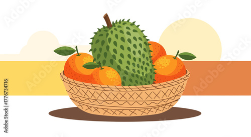 A Basket of Delicious Fruit Featuring Soursop and Oranges in a Vibrant Illustration