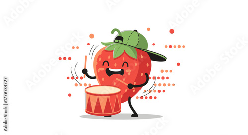 A Cheerful Strawberry Character Playing a Drum Set with a Cool Baseball Cap On