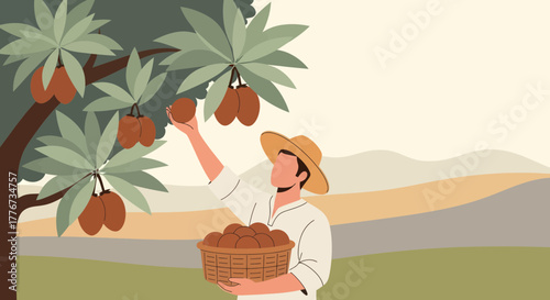 A Farmer Harvesting Fruit From Tree in a Scenic Landscape During Sunshine Hours