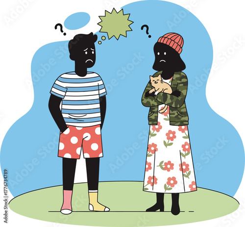 Silhouetted couple with question marks and a cat, one with a thought bubble confused questioning