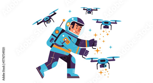 Astronaut Piloting Drones in Space for Futuristic Exploration and Technological Advances