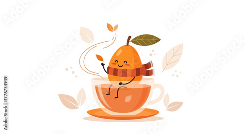 Autumn Fruits And Warm Drink, Cozy Scene Features Animated Character in A Teacup