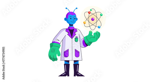 Cartoon Alien Scientist Holding Atom Illustration For Educational, Scientific Concept