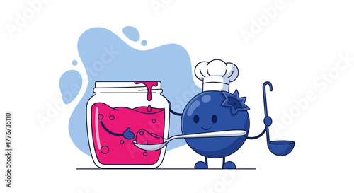 Chef Blueberry Preparing Delicious Berry Jam With Delightful, Cute, and Energetic Illustration