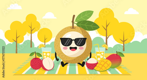 Cheerful Longan Character Enjoying Sunny Picnic with Assorted Fresh Fruits and Drinks