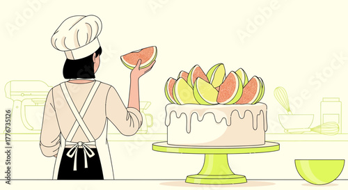 Chef Decorating Watermelon Cake, Minimalist Illustration Celebrating Culinary Artistry