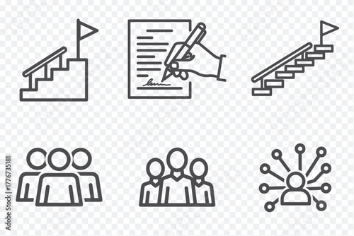 Six minimalist icons symbolizing growth, signing, stairs, team, network, and collaboration in black and white design.