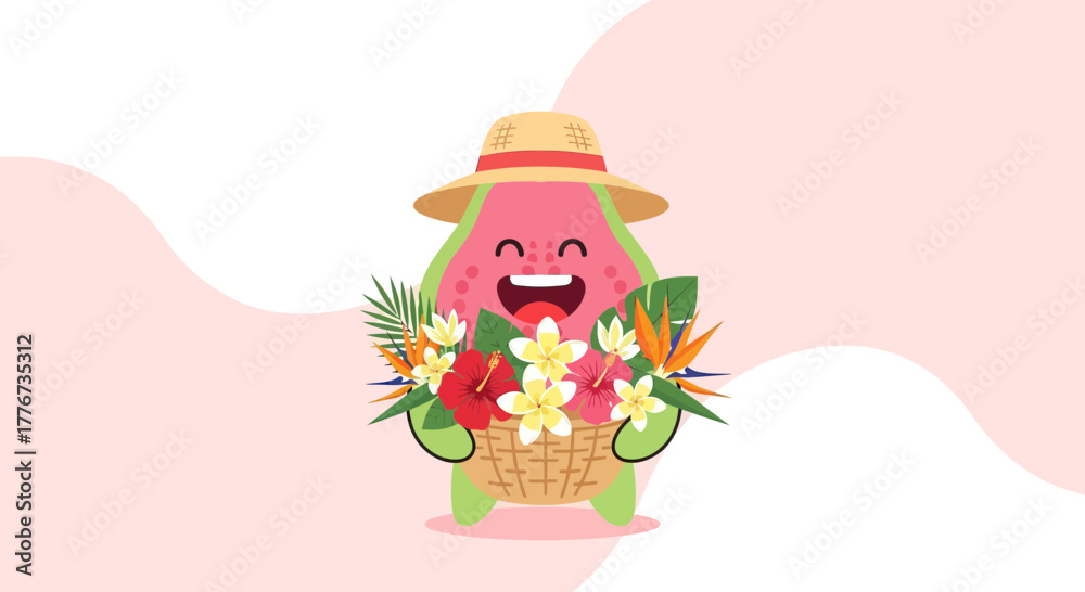 Naklejka premium Cheerful Papaya Character Wearing A Straw Hat And Carrying A Basket Of Blooming Flowers