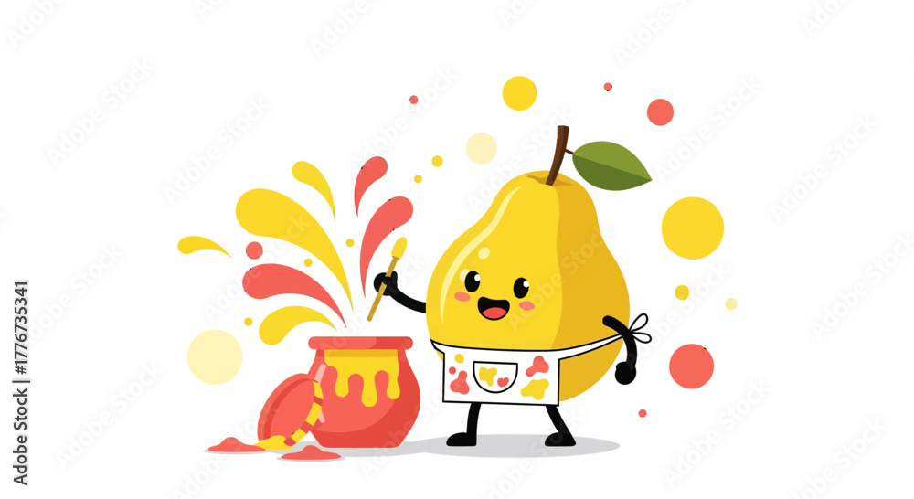 Naklejka premium Cheerful Pear Artist Painting Colorful Artworks With Happy Expression and Fun Design
