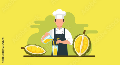 Chef Prepares Fresh Durian Juice Illustration Depicting Fruit and Culinary Creation