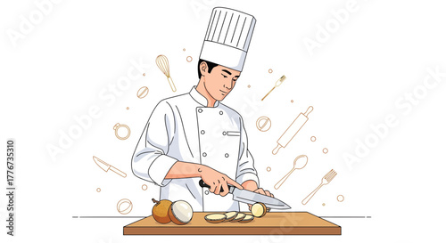 Chef Prepares Fresh Sliced Vegetables On A Wooden Cutting Board For Culinary Purposes
