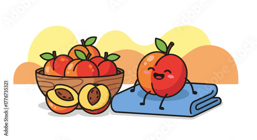 Cheerful Peach Cartoon Characters Smiling and Enjoying a Relaxing Sunny Day Perfect for Prints
