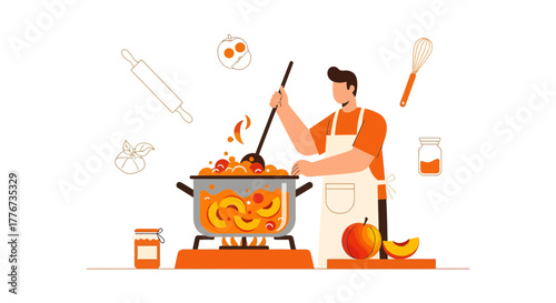 Chef Preparing Delicious Peach Compote on Stove, Culinary and Tasty Food Concept
