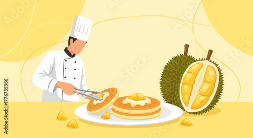 Chef Preparing Durian Pancakes: A Delightful Culinary Creation, Bright Yellow Background