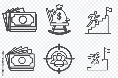 Six black-and-white icons symbolizing money, savings, success, target, and progress in minimalist design style.