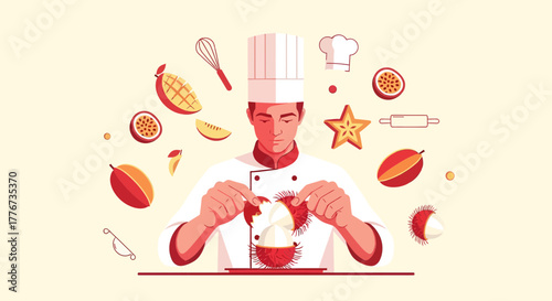Chef Preparing Exotic Fruit Dessert Illustration, Culinary Arts Food Photography Graphic
