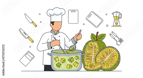 Chef Preparing Exotic Fruit Dish in a Professional Kitchen, Vector Illustration