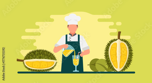Chef Preparing Exotic Durian Juice With Fresh Fruit And Delicious Tropical Drink