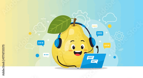 Cheerful Pear Character with Headphones, Engaging in Customer Service and Support