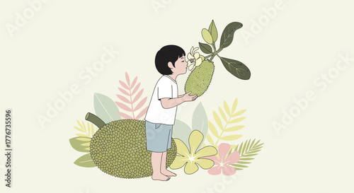 Child Admiring Jackfruit While Surrounded by Decorative Artistic Flora in Illustration