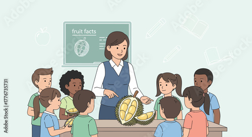 Children Exploring Durian Fruit Education, Learning About Fruit Facts With Their Teacher