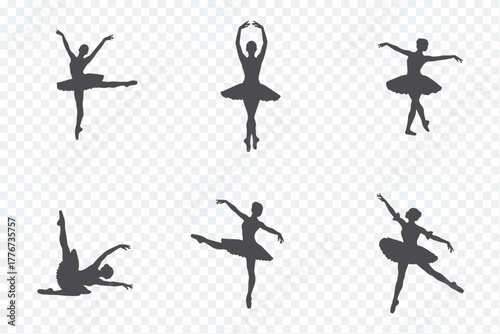 Collection of black silhouettes showcasing ballet dancers in diverse poses, set against a white background for clarity.
