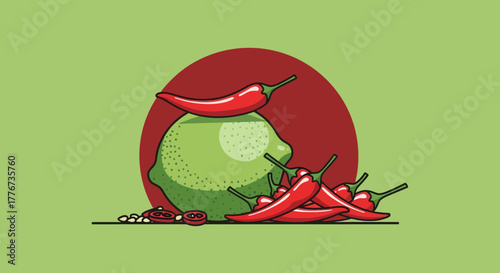 Chili Peppers, Lime, And Flavorful Essence: Visual Delight of Culinary Combination