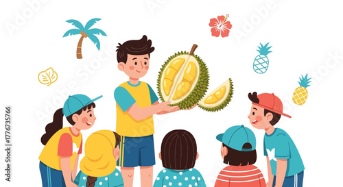 Children Learning About Durian Fruit Freshness and Exploring Tropical Flavors Together