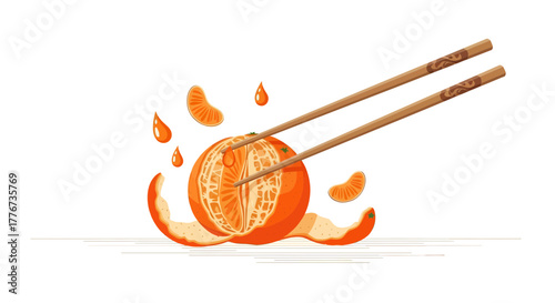 Chopsticks And Mandarin Composition Displaying Freshness And Flavors Of Nutrition