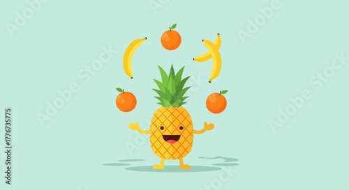 Cheerful Pineapple Juggling Fruits In Vibrant Colors Against Pastel Background