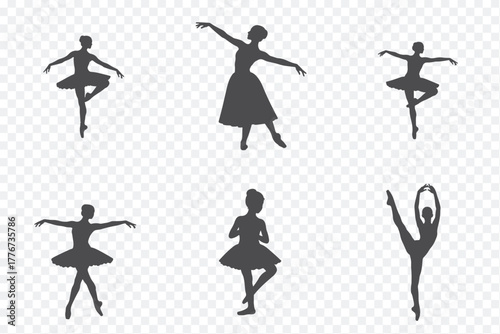 Six minimalist black silhouettes of ballet dancers in dynamic poses, perfect for artistic or dance-related designs. Clean and elegant.