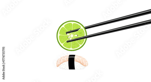 Chopsticks Holding Lime Slice Above Isolated Sushi Against a White Background