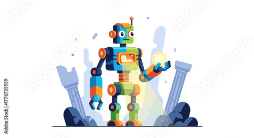 Colorful Robot Standing Amidst Ruins of Ancient Architecture, Holding Glowing Orb