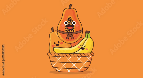 Comic Fruits Smiling Inside a Basket, Orange Background, Cute Tropical Design