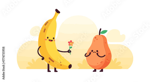 Comic Fruits Presenting a Flower, Expressing Affection and Feelings Through Illustration
