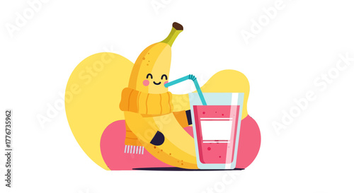 Comic Illustration of Happy Banana Drinking Juice With Smiling Face and Healthy Concept